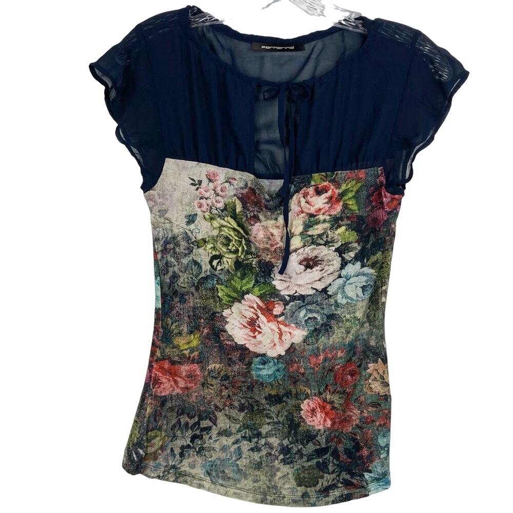 NWOT FORNARINA Top S Chiffon Sheer Floral-Art Bow-Tie Cut-Out Flutter-Short-Slev